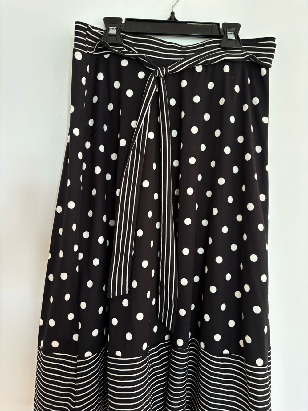 Faith and Joy Black and White Polka Dot Midi Skirt with Striped Tie Waist